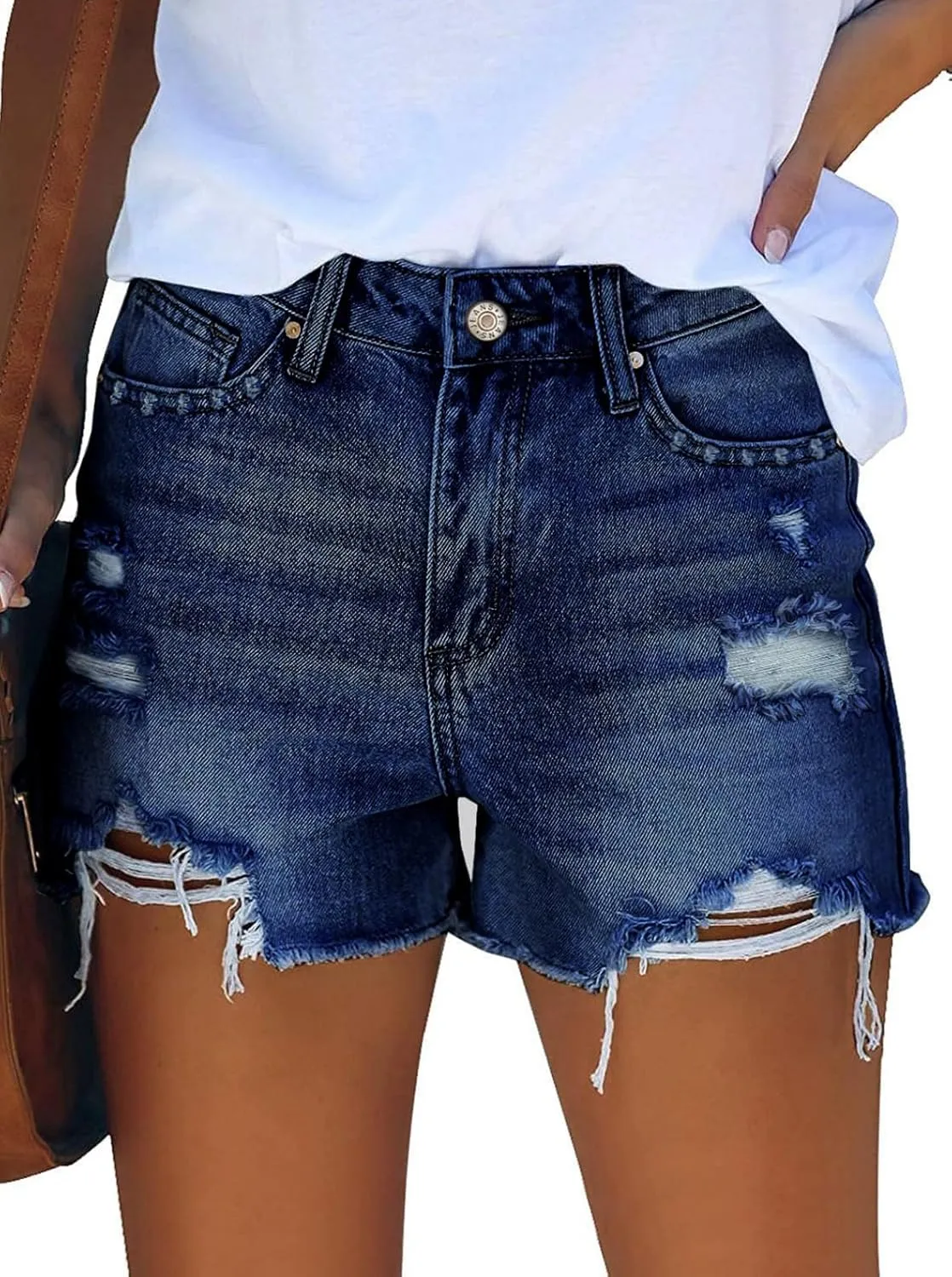 Pink Queen Women's High Waisted Denim Shorts Casual Ripped Summer Hot Short Jeans Frayed Distressed Jeans Shorts with Pockets