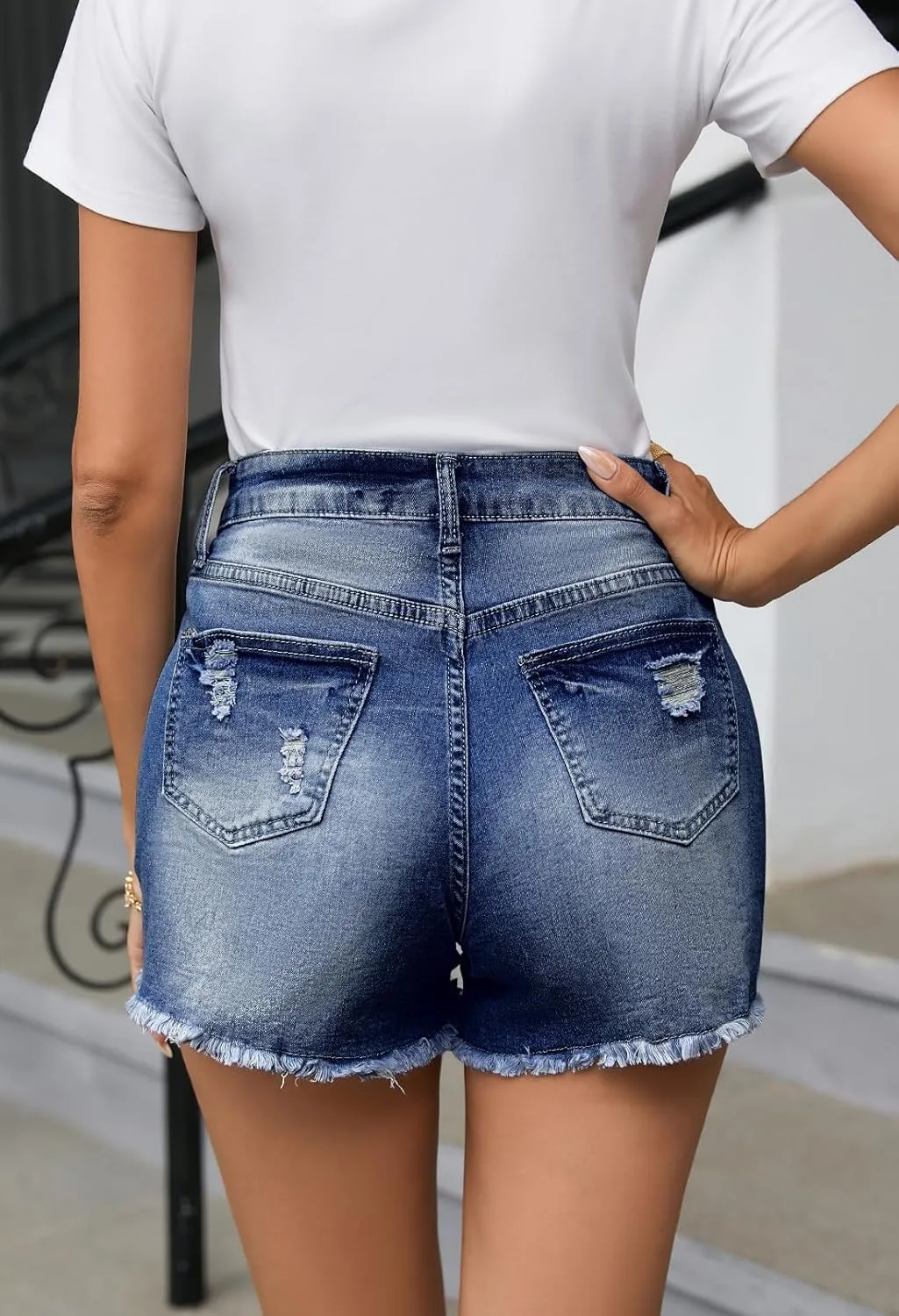 Pink Queen Women's High Waisted Denim Shorts Casual Ripped Summer Hot Short Jeans Frayed Distressed Jeans Shorts with Pockets