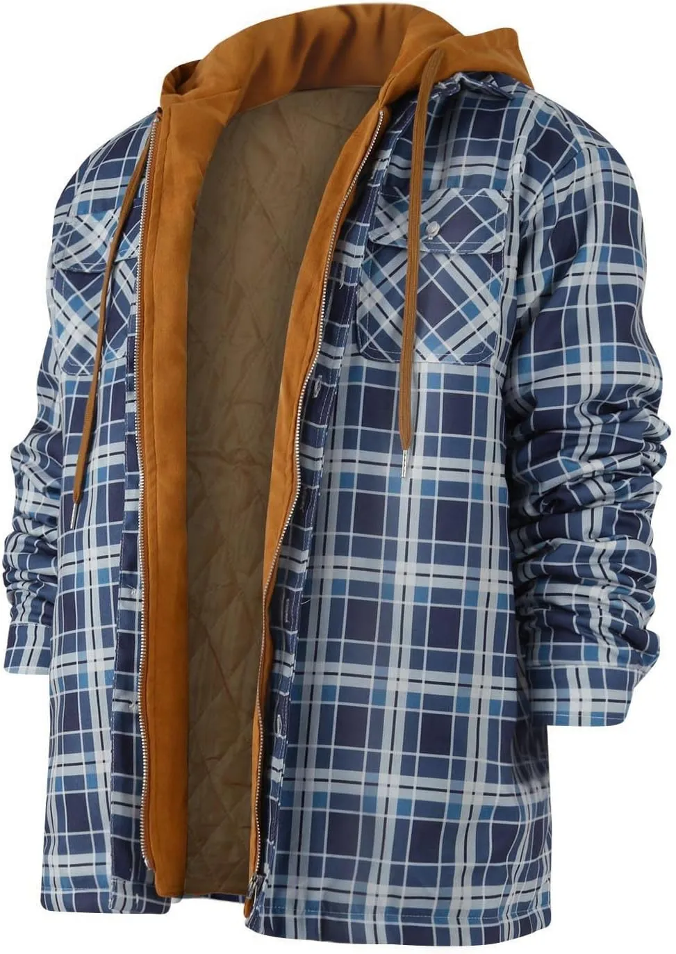 Plaid Jacket Mens Hooded Quilted Lined Flannel Shirt Jacket Long Sleeve Full Zip Jackets Winter Thick Warm Coat