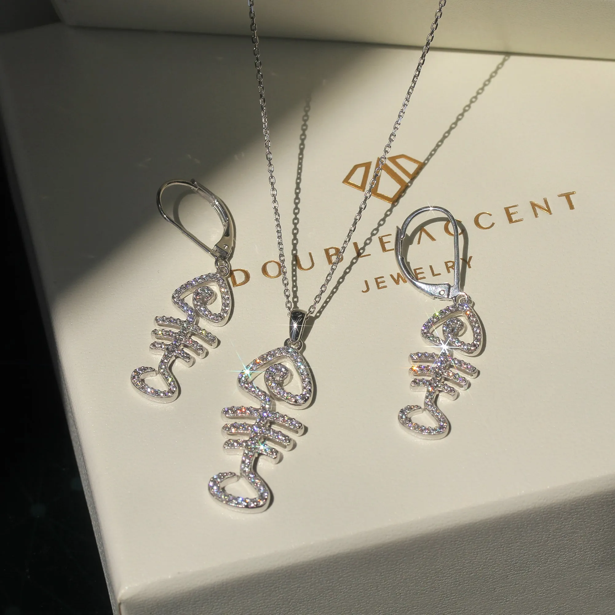 Platinum Gleam Fishbone Ensemble: A Dazzling Earring & Necklace Set