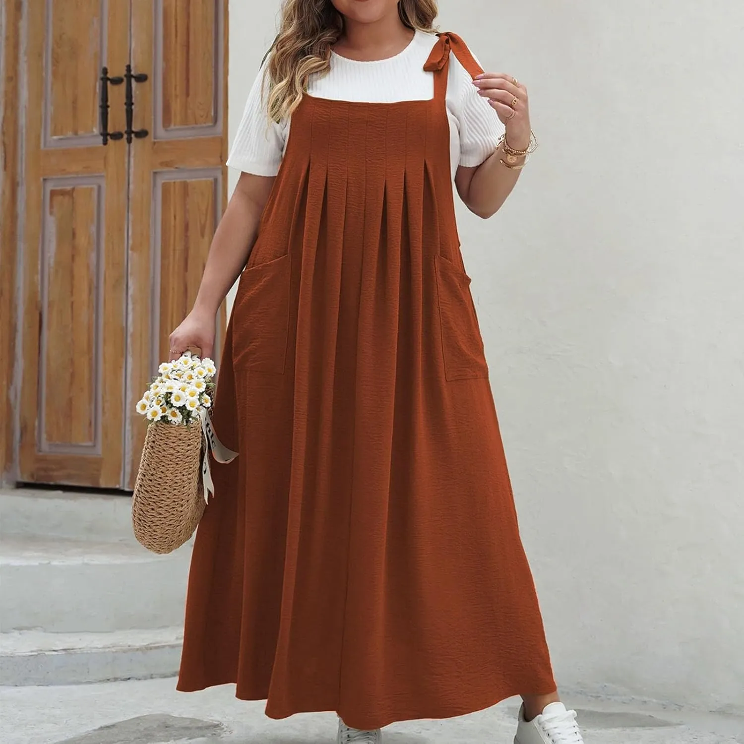 Plus Size Dresses for Women Solid Color Bow Knot Strap Ruffle Swing Casual Dress Square Neck Sleeveless Summer Dress