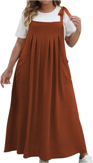 Plus Size Dresses for Women Solid Color Bow Knot Strap Ruffle Swing Casual Dress Square Neck Sleeveless Summer Dress