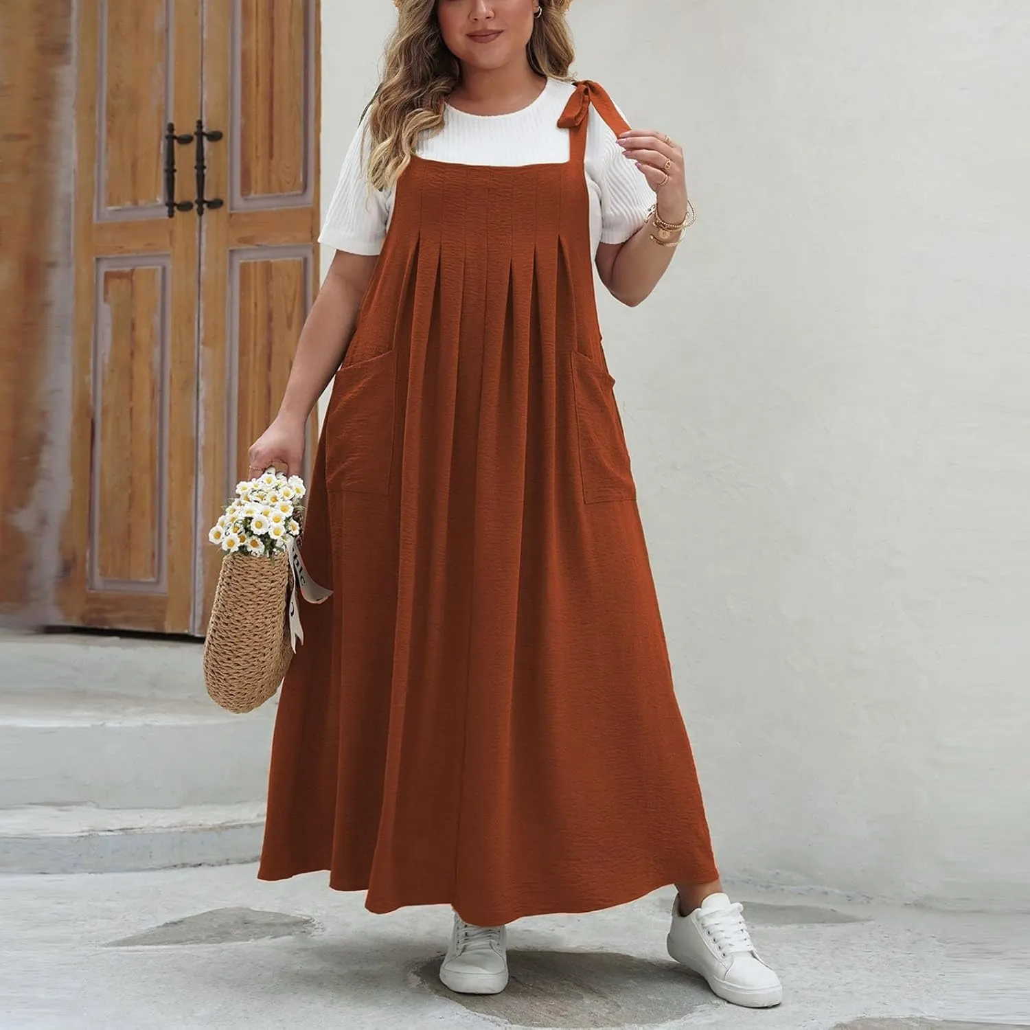 Plus Size Dresses for Women Solid Color Bow Knot Strap Ruffle Swing Casual Dress Square Neck Sleeveless Summer Dress