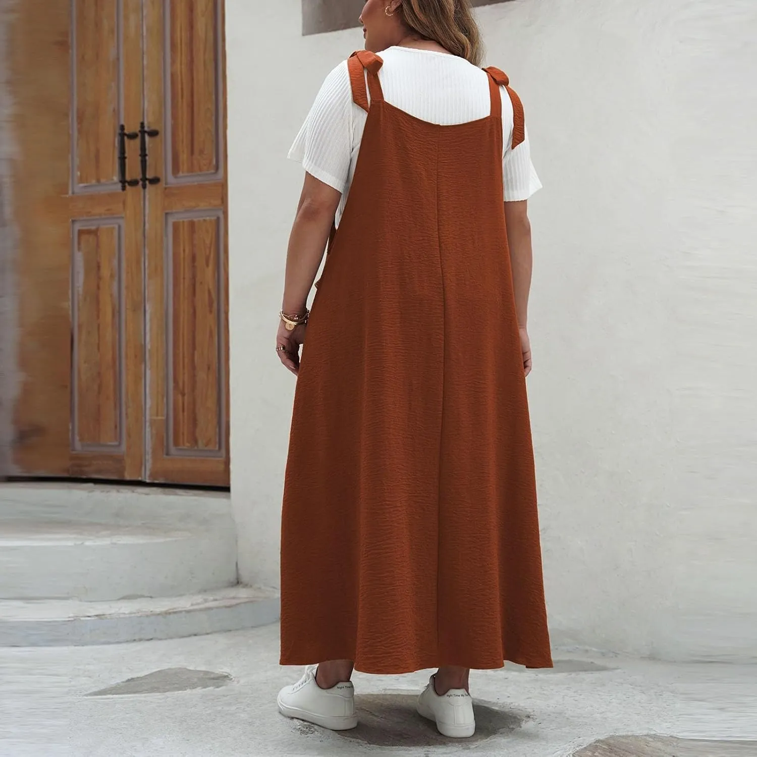 Plus Size Dresses for Women Solid Color Bow Knot Strap Ruffle Swing Casual Dress Square Neck Sleeveless Summer Dress