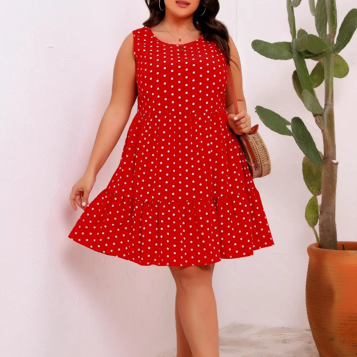Plus Size Summer Dresses Beach Crew Neck Sleeveless Polka Dot Tank Dresses for Women Loose Length Knee Sundress