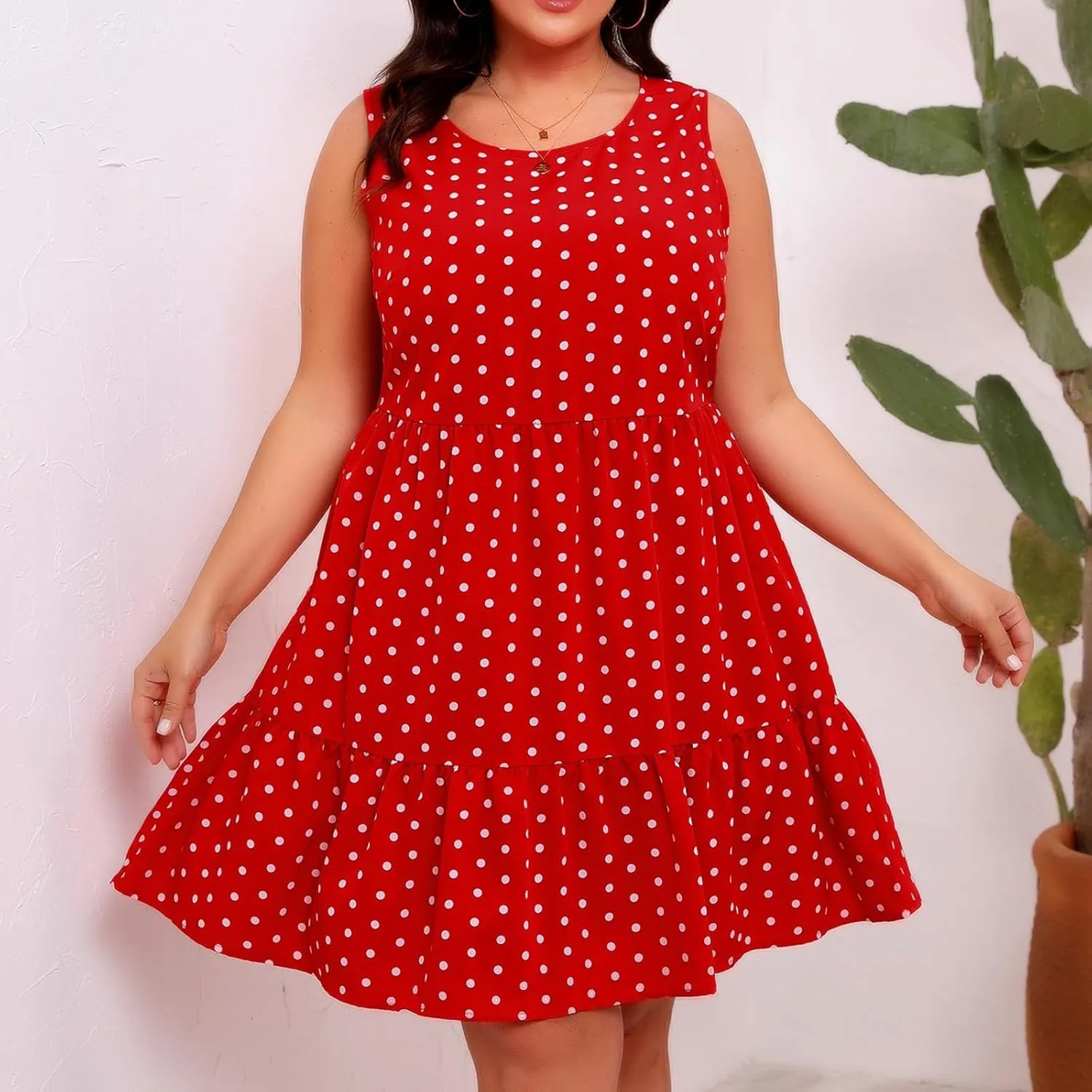 Plus Size Summer Dresses Beach Crew Neck Sleeveless Polka Dot Tank Dresses for Women Loose Length Knee Sundress
