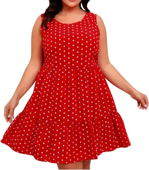 Plus Size Summer Dresses Beach Crew Neck Sleeveless Polka Dot Tank Dresses for Women Loose Length Knee Sundress