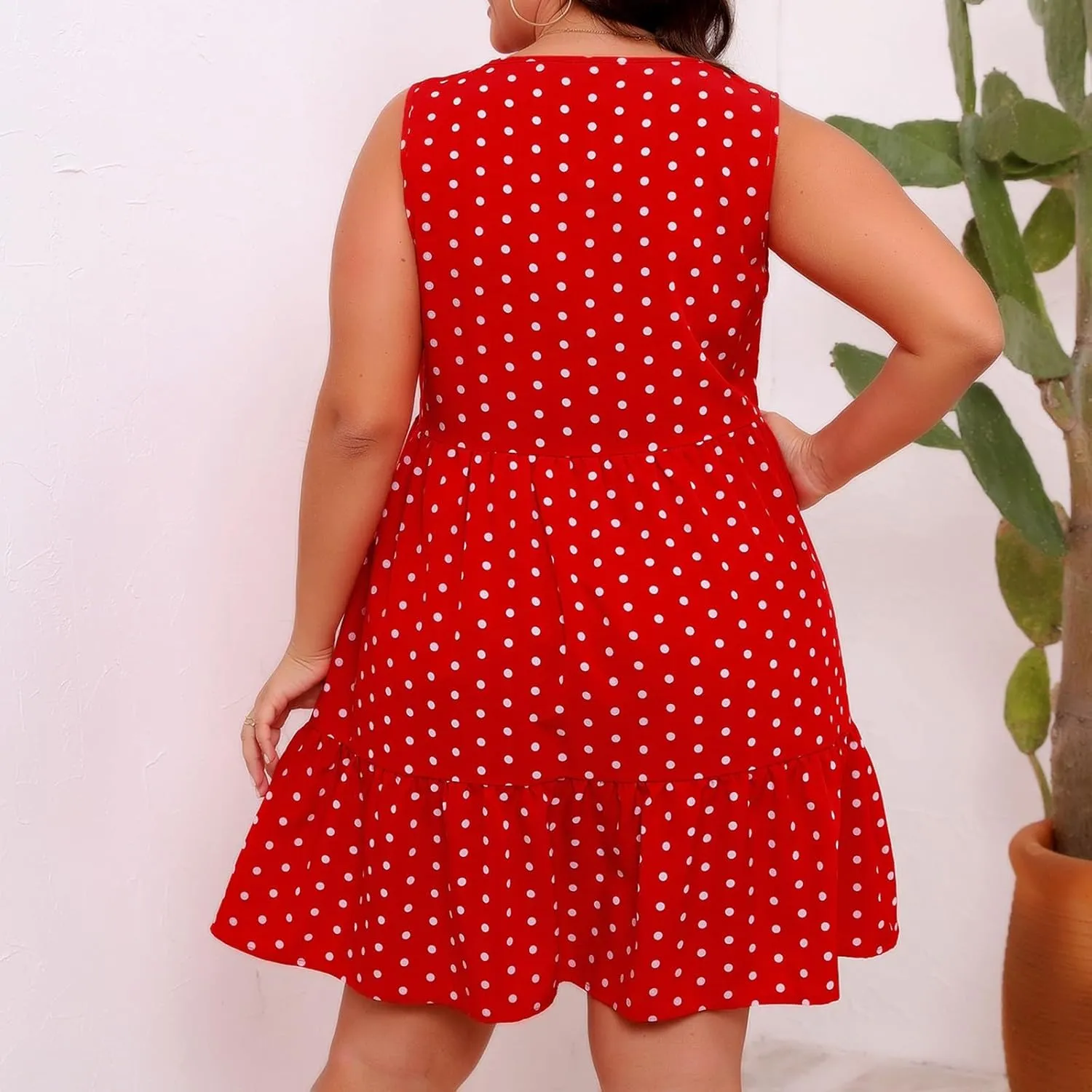 Plus Size Summer Dresses Beach Crew Neck Sleeveless Polka Dot Tank Dresses for Women Loose Length Knee Sundress