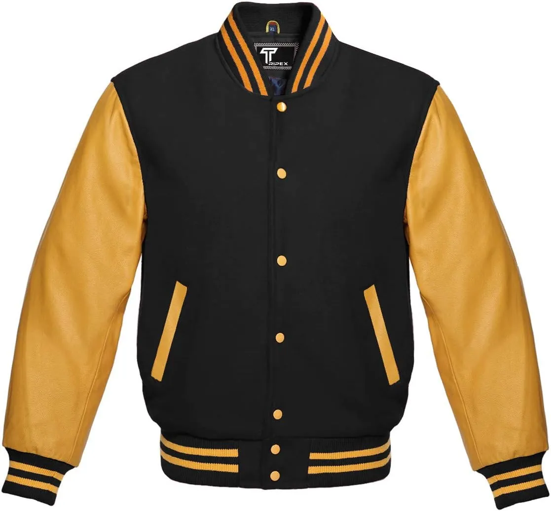 Premium Letterman Baseball School College Bomber Varsity Jacket Purple & Gold Genuine Leather Sleeves