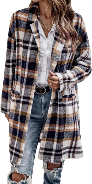 PRETTYGARDEN Women's Plaid Shacket Jacket Trendy Casual Button Wool Blend Winter Tartan Trench Coat with Pockets