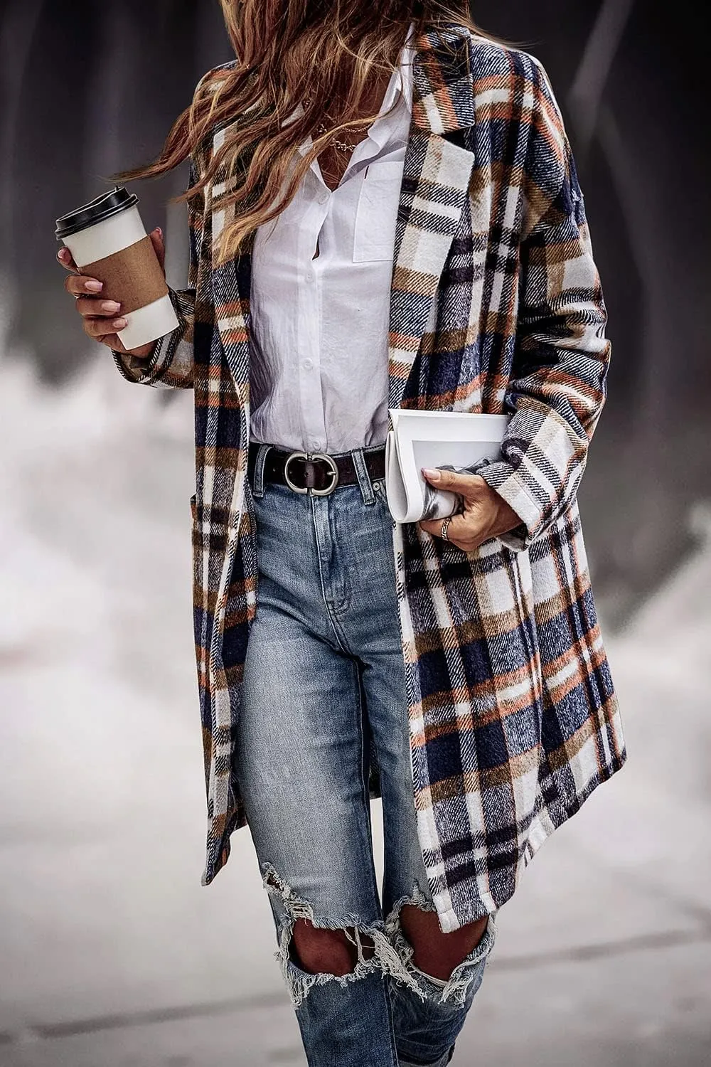 PRETTYGARDEN Women's Plaid Shacket Jacket Trendy Casual Button Wool Blend Winter Tartan Trench Coat with Pockets