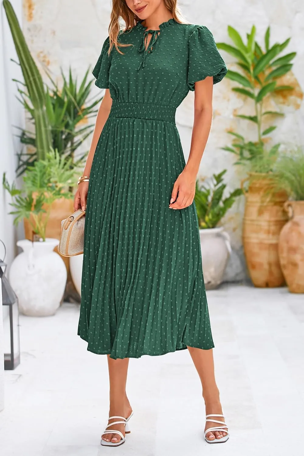 PRETTYGARDEN Womens Summer Midi Dresses Puff Short Sleeve V Neck Swiss Dot Pleated A Line Flowy Long Wedding Guest Dress