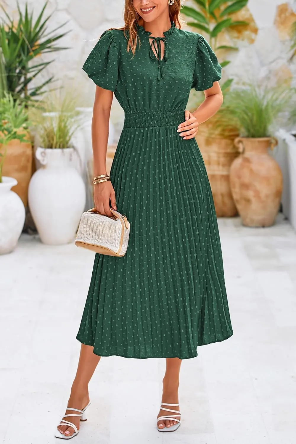 PRETTYGARDEN Womens Summer Midi Dresses Puff Short Sleeve V Neck Swiss Dot Pleated A Line Flowy Long Wedding Guest Dress