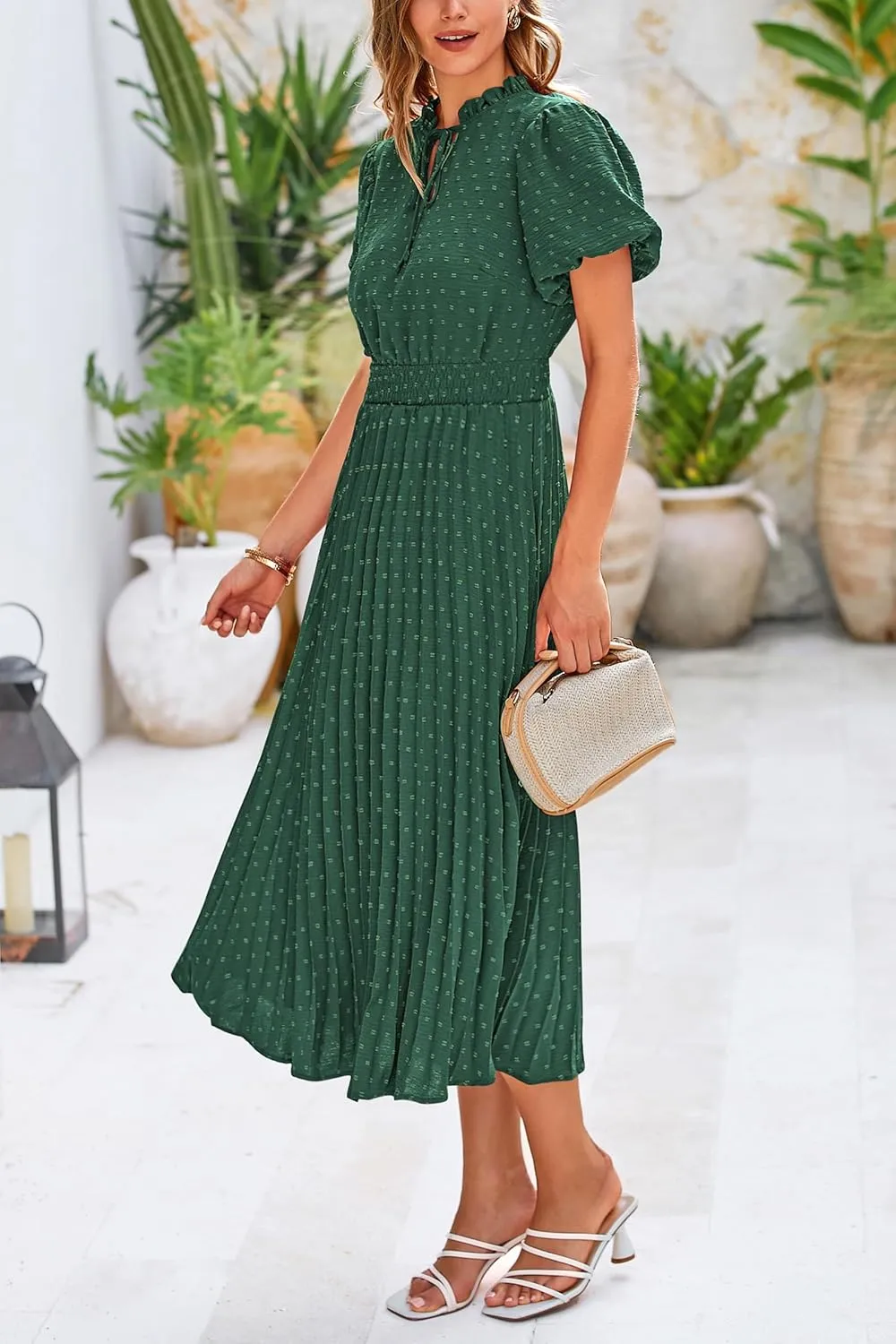 PRETTYGARDEN Womens Summer Midi Dresses Puff Short Sleeve V Neck Swiss Dot Pleated A Line Flowy Long Wedding Guest Dress