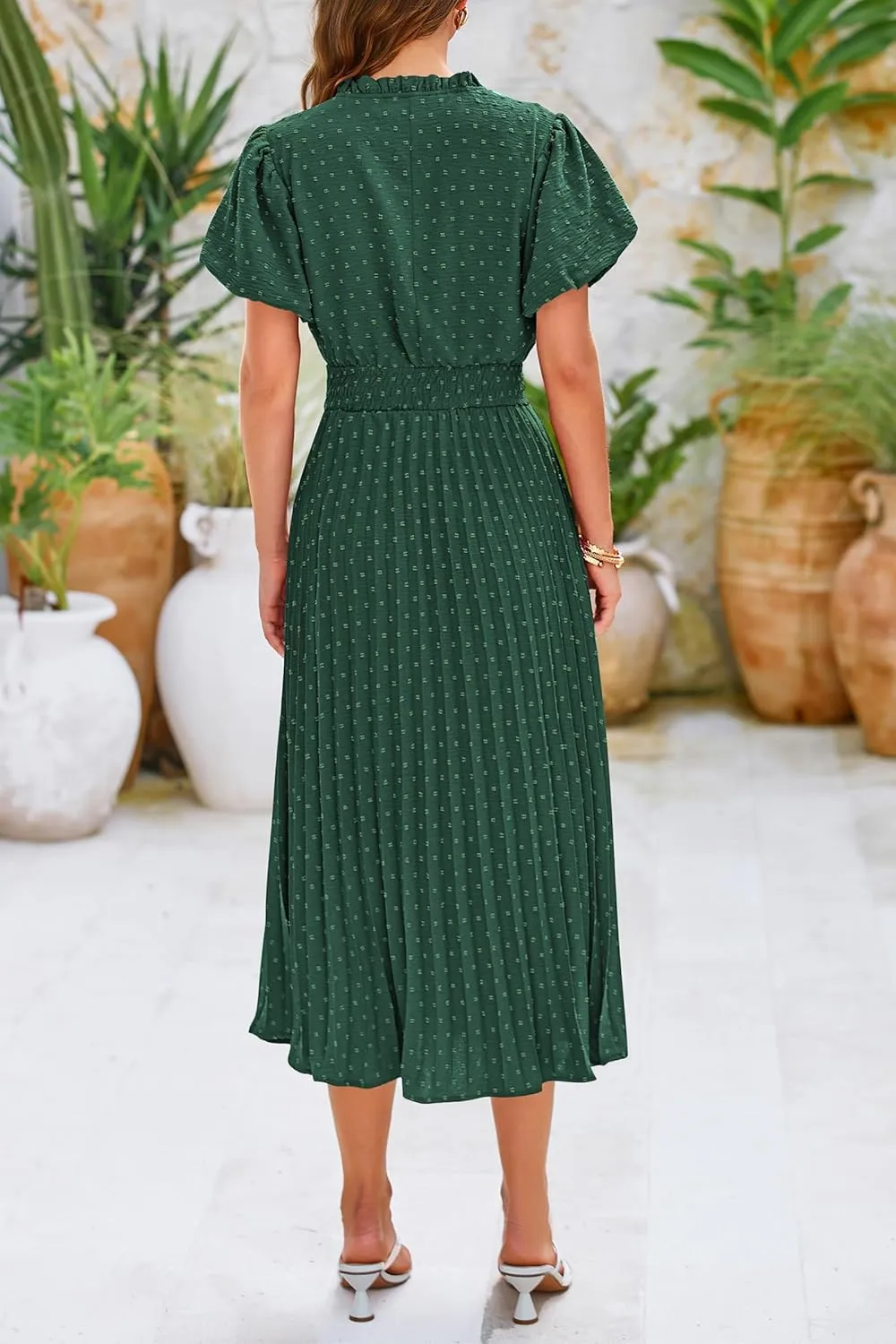 PRETTYGARDEN Womens Summer Midi Dresses Puff Short Sleeve V Neck Swiss Dot Pleated A Line Flowy Long Wedding Guest Dress