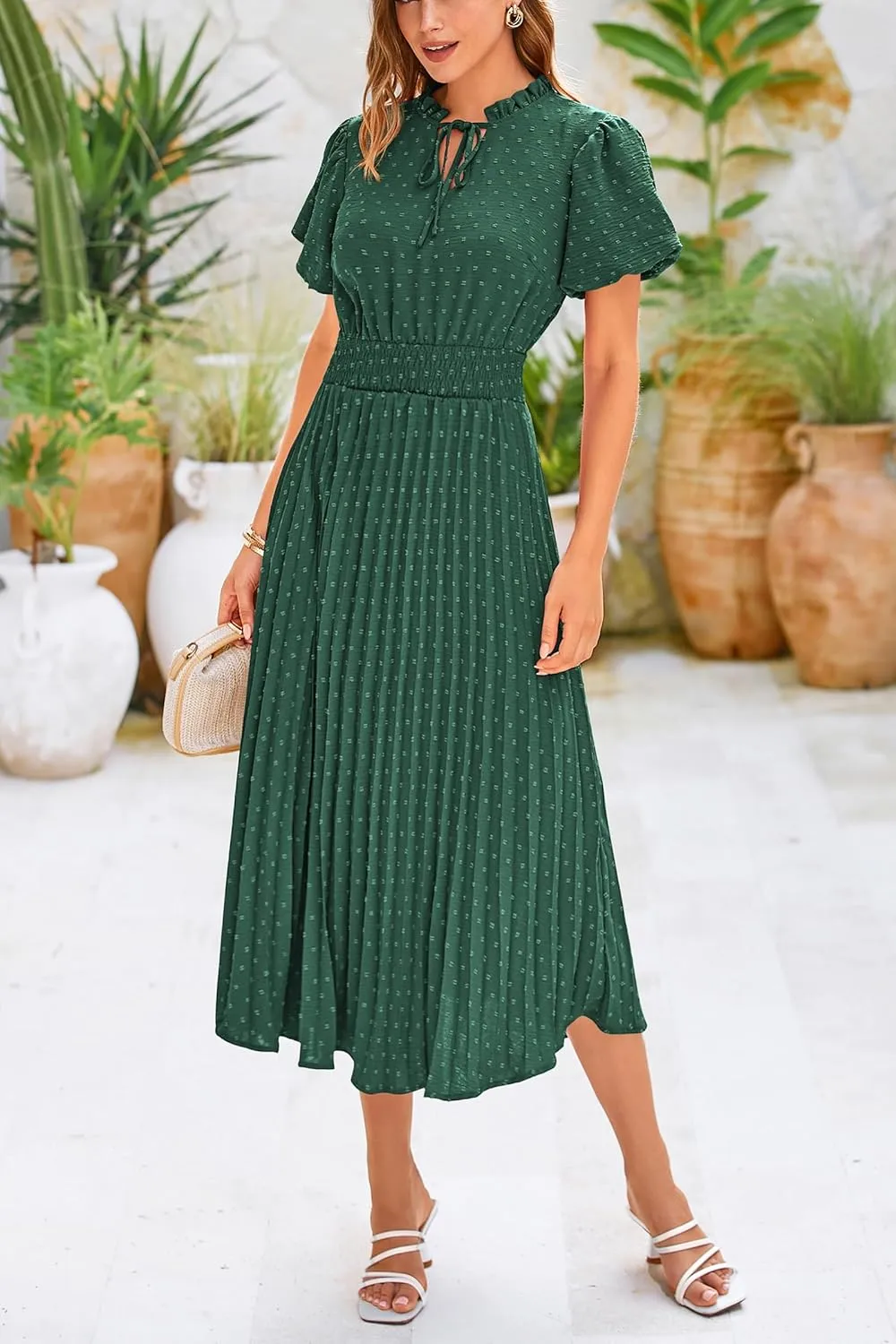 PRETTYGARDEN Womens Summer Midi Dresses Puff Short Sleeve V Neck Swiss Dot Pleated A Line Flowy Long Wedding Guest Dress