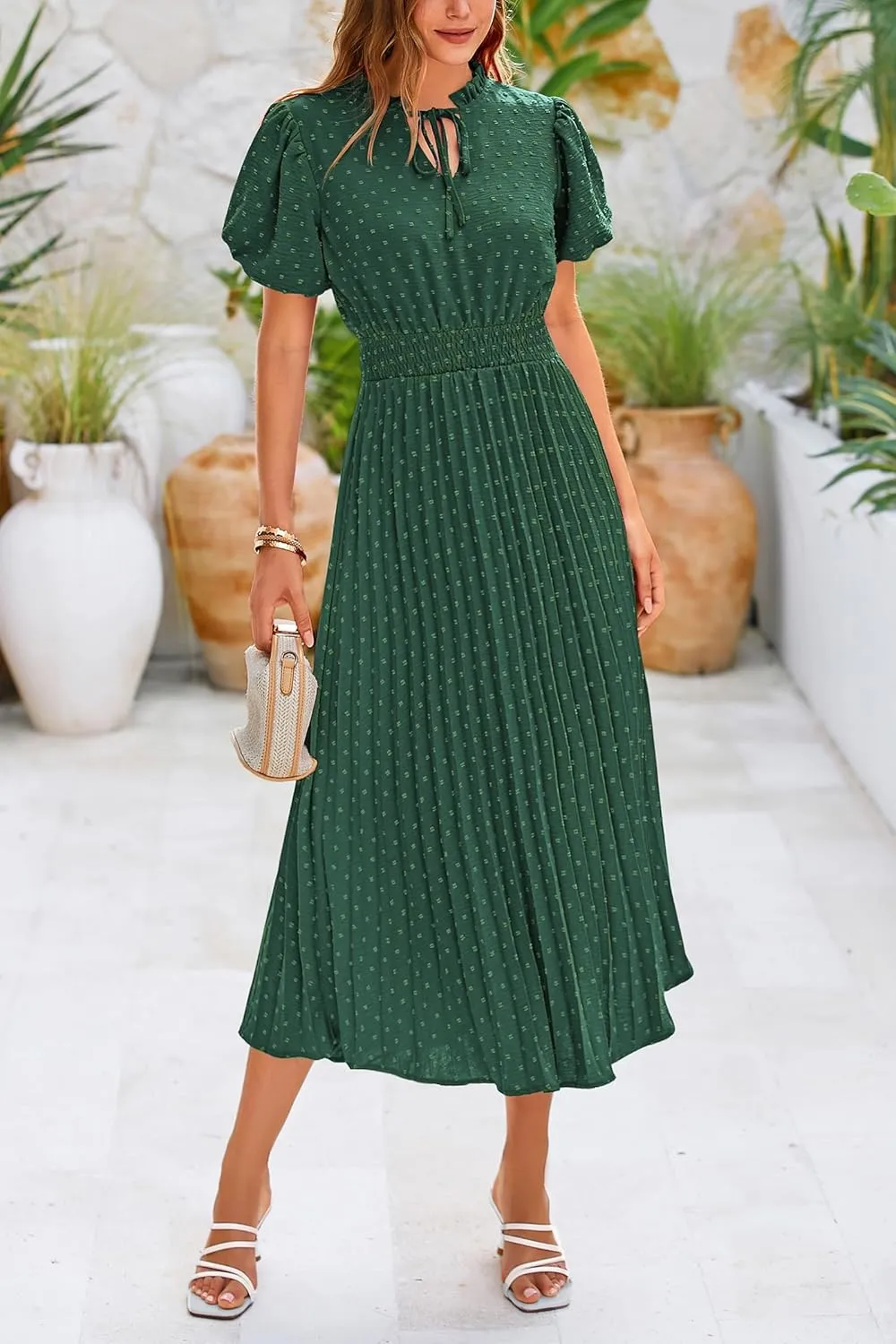 PRETTYGARDEN Womens Summer Midi Dresses Puff Short Sleeve V Neck Swiss Dot Pleated A Line Flowy Long Wedding Guest Dress
