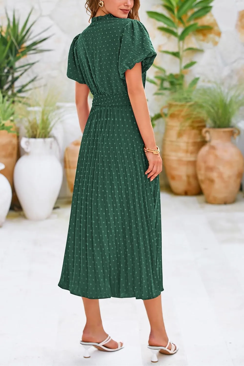 PRETTYGARDEN Womens Summer Midi Dresses Puff Short Sleeve V Neck Swiss Dot Pleated A Line Flowy Long Wedding Guest Dress