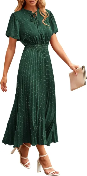 PRETTYGARDEN Womens Summer Midi Dresses Puff Short Sleeve V Neck Swiss Dot Pleated A Line Flowy Long Wedding Guest Dress