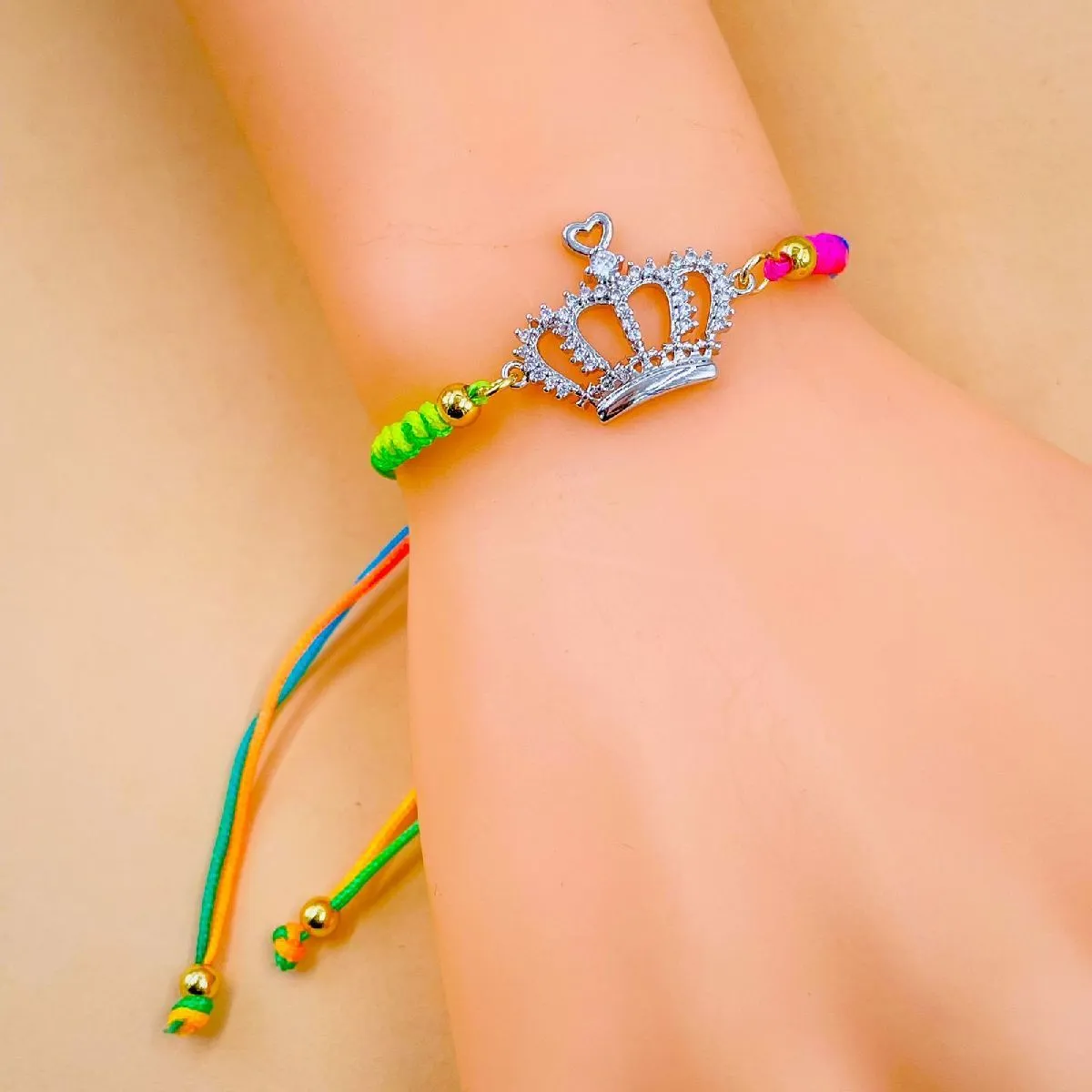 Princess Crown Copper Silver Cubic Zirconia Thread adjustable Bracelet For Women