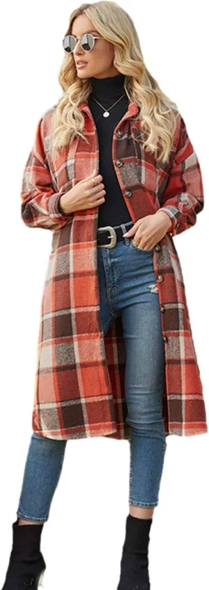 PUWEI Women's Casual Lapel Button Down Long Plaid Shirt Coat Tartan Shacket Jacket