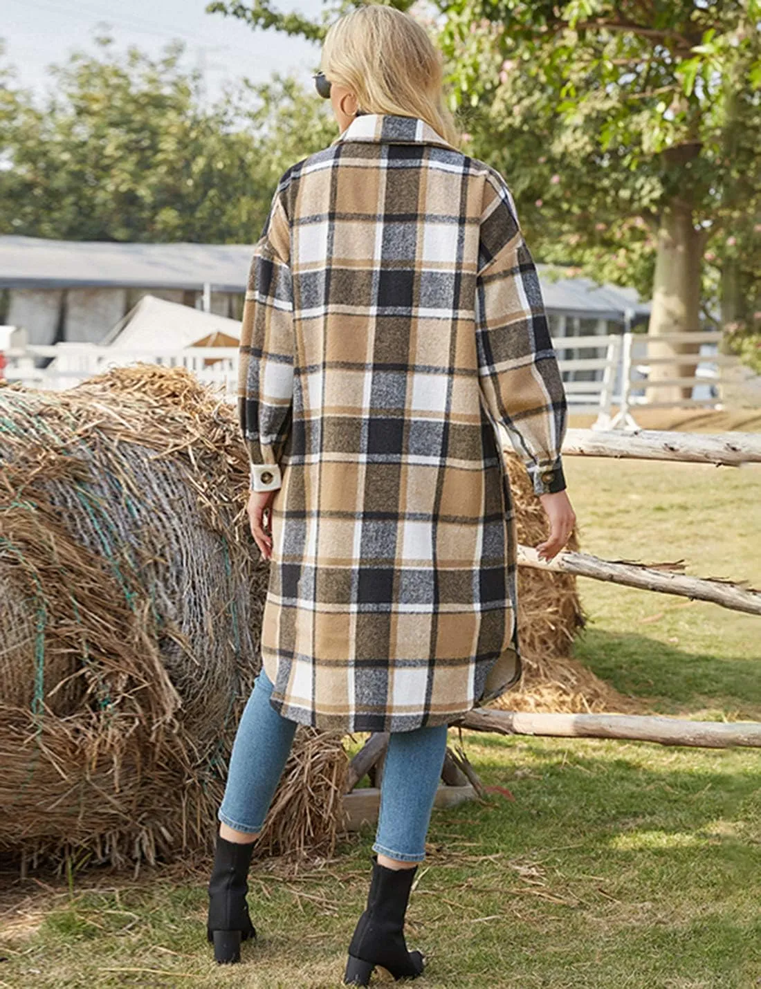 PUWEI Women's Casual Lapel Button Down Long Plaid Shirt Coat Tartan Shacket Jacket