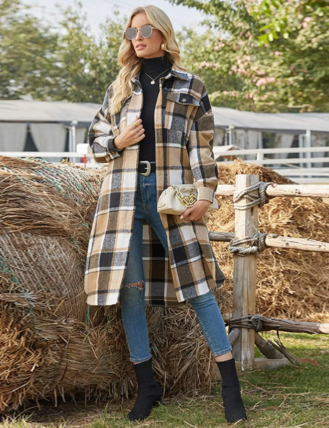 PUWEI Women's Casual Lapel Button Down Long Plaid Shirt Coat Tartan Shacket Jacket