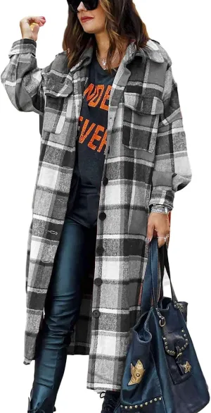 PUWEI Women's Casual Lapel Button Down Long Plaid Shirt Coat Tartan Shacket Jacket