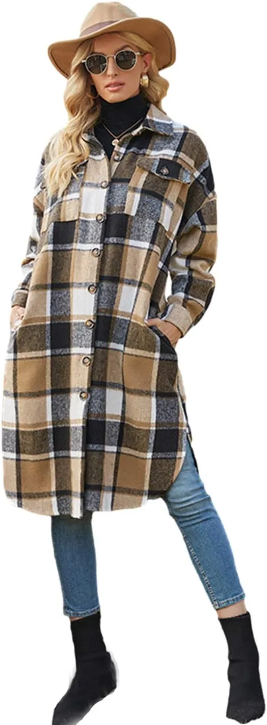 PUWEI Women's Casual Lapel Button Down Long Plaid Shirt Coat Tartan Shacket Jacket