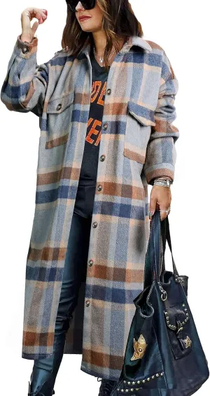 PUWEI Women's Casual Lapel Button Down Long Plaid Shirt Coat Tartan Shacket Jacket