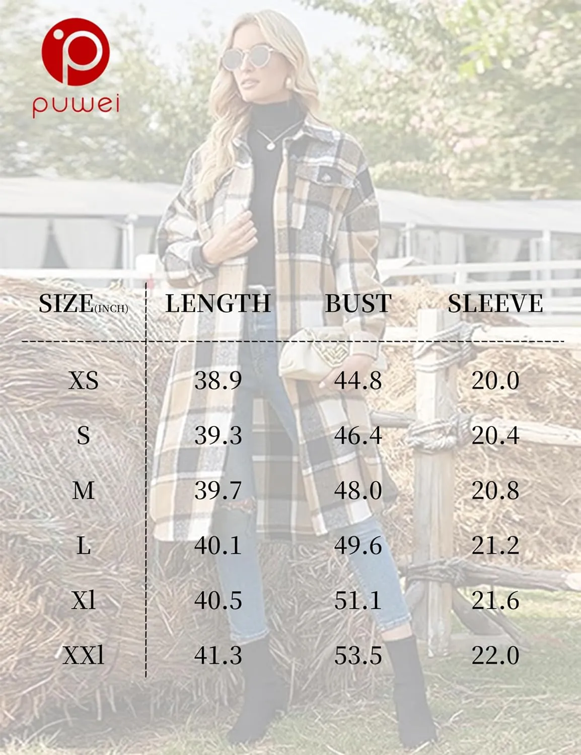 PUWEI Women's Casual Lapel Button Down Long Plaid Shirt Coat Tartan Shacket Jacket