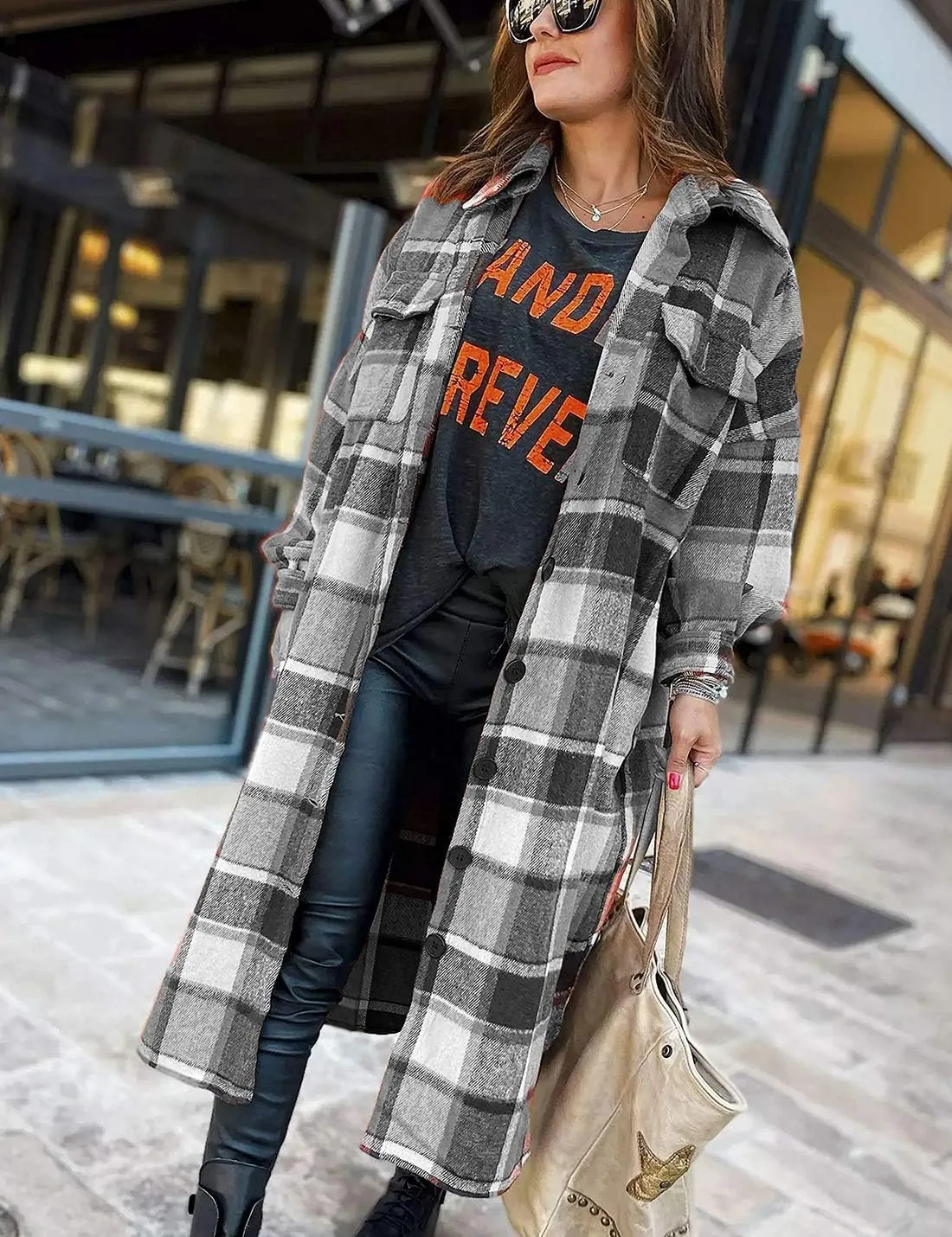 PUWEI Women's Casual Lapel Button Down Long Plaid Shirt Coat Tartan Shacket Jacket