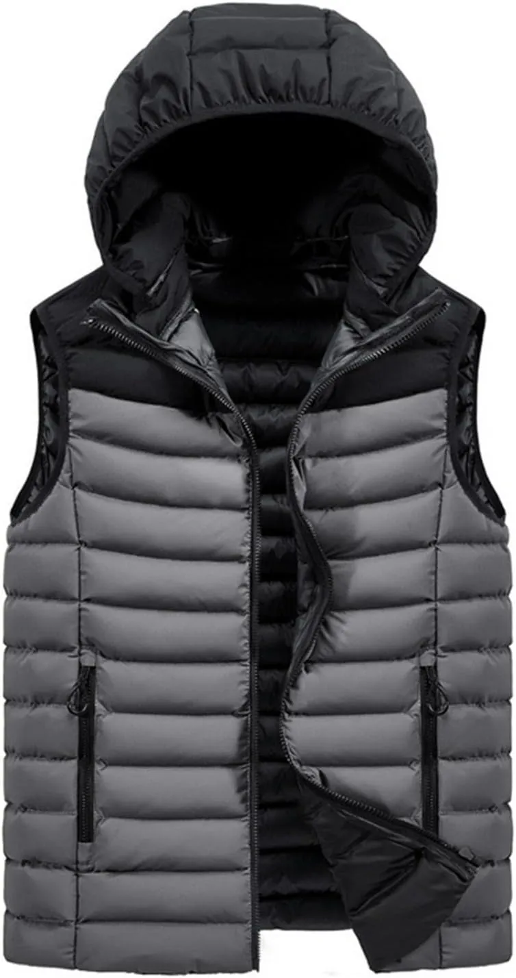 QWENTMTNTY Men's Lightweight Outerwear Vests Big and Tall Cotton Padded Winter Thick Hoodie Jackets Sleeveless Zipper Pockets Coats