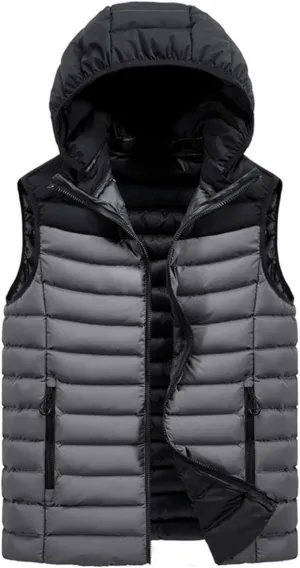 QWENTMTNTY Men's Lightweight Outerwear Vests Big and Tall Cotton Padded Winter Thick Hoodie Jackets Sleeveless Zipper Pockets Coats