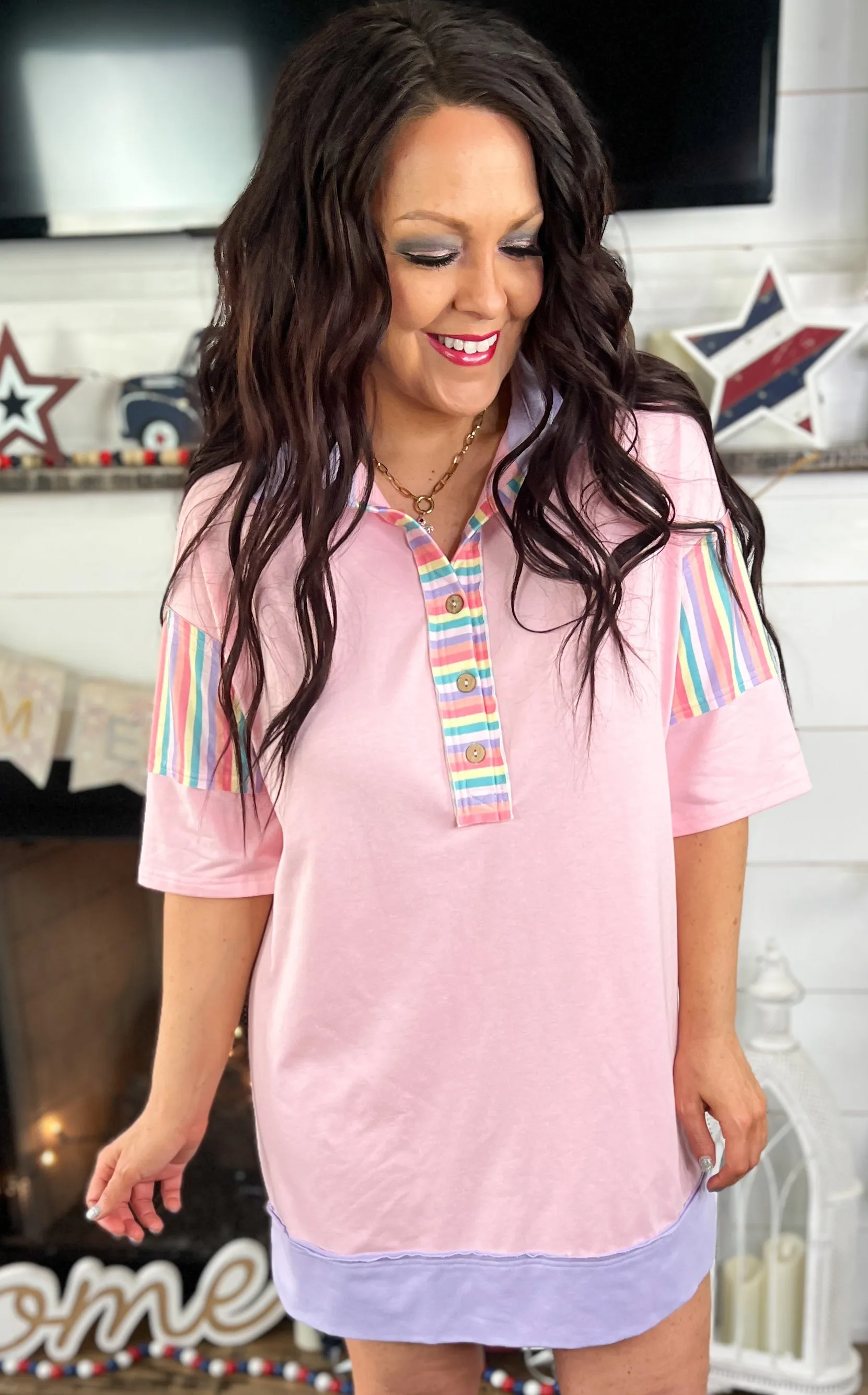Rainbow Stripe Contrast Shirt Dress