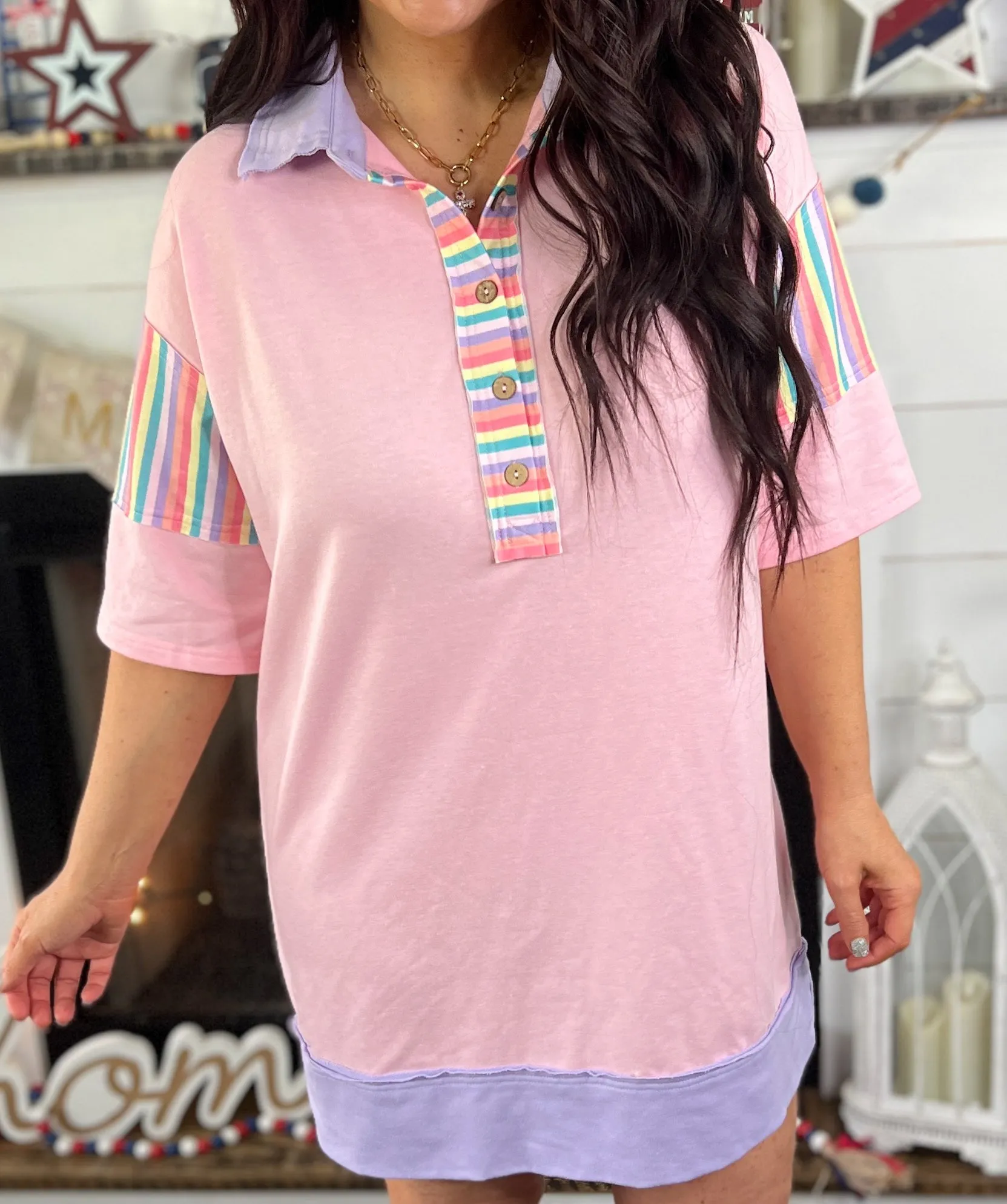 Rainbow Stripe Contrast Shirt Dress