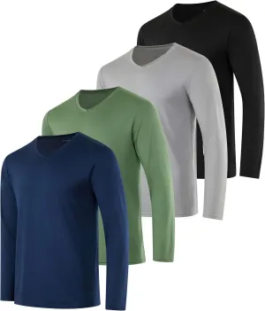 Real Essentials 4 Pack: Men's Dry Fit Long Sleeve V-Neck Active T-Shirt - Athletic Outdoor UPF 50  (Available in Big & Tall)