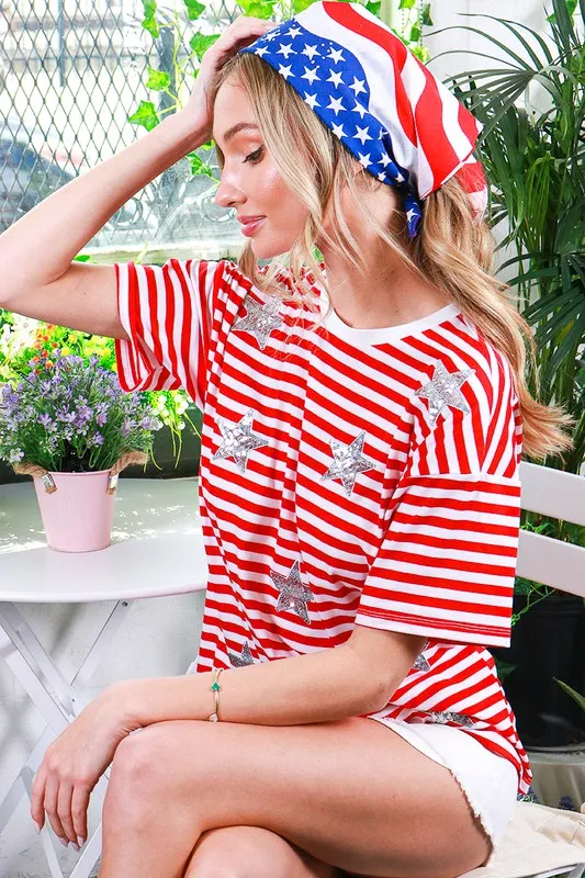 Red Short Sleeve Sequin Star Detail Stripe Top