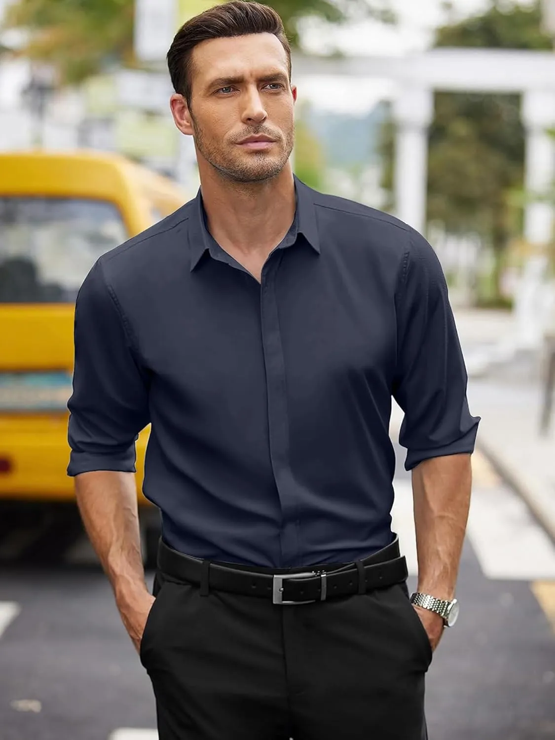 Remxi Men's Dress Long Sleeve Shirts Elastic Wrinkle Free Business Shirt for Summer Casual Button Down Shirts