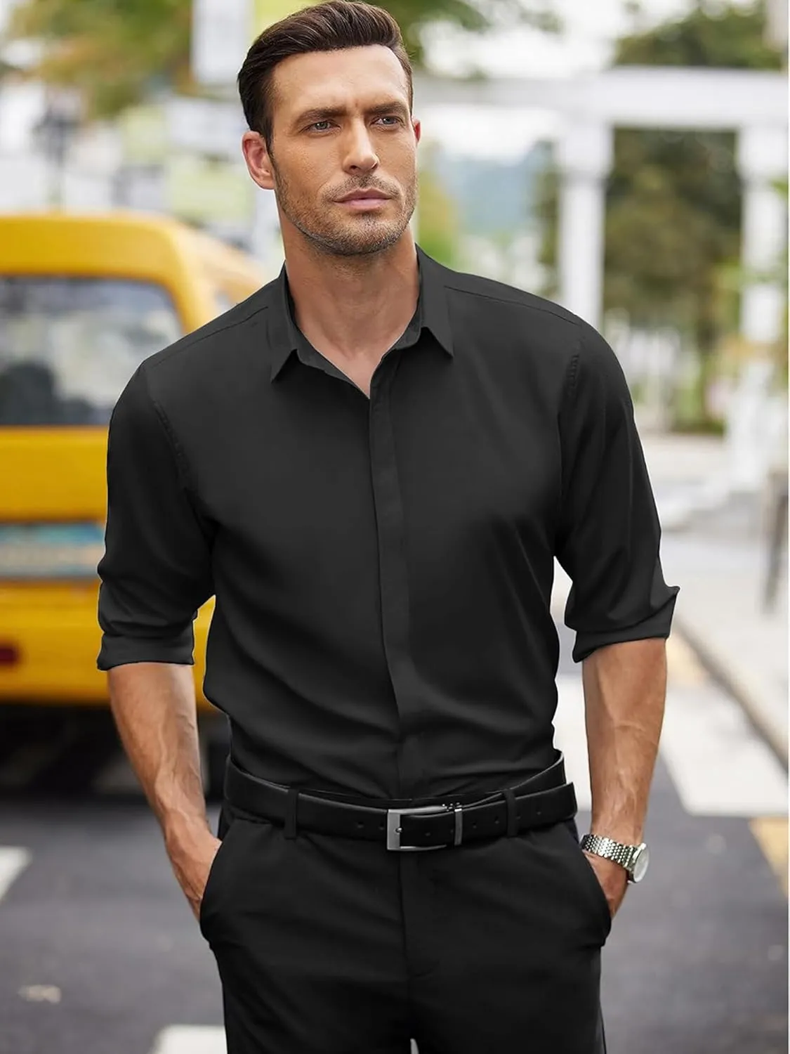 Remxi Men's Dress Long Sleeve Shirts Elastic Wrinkle Free Business Shirt for Summer Casual Button Down Shirts