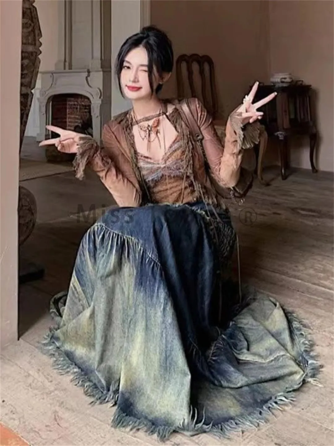 Retro Denim Skirt Women's Patchwork Irregular Fishtail Skirt Korean High Waist Retro Denim Skirt