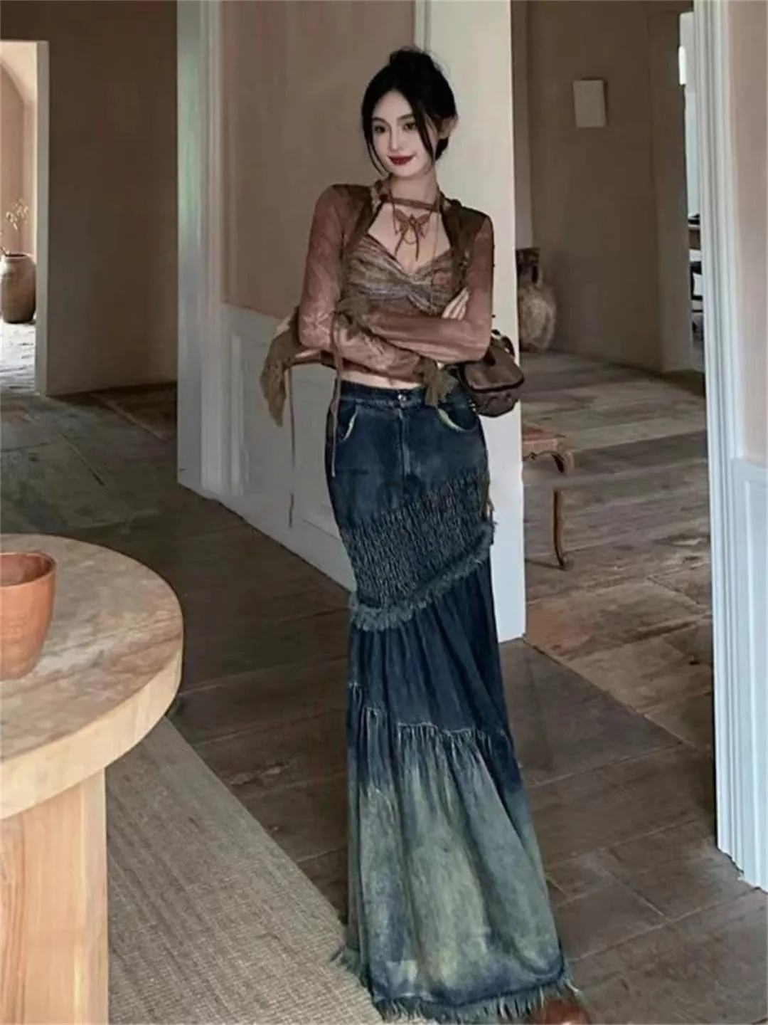 Retro Denim Skirt Women's Patchwork Irregular Fishtail Skirt Korean High Waist Retro Denim Skirt