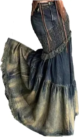 Retro Denim Skirt Women's Patchwork Irregular Fishtail Skirt Korean High Waist Retro Denim Skirt
