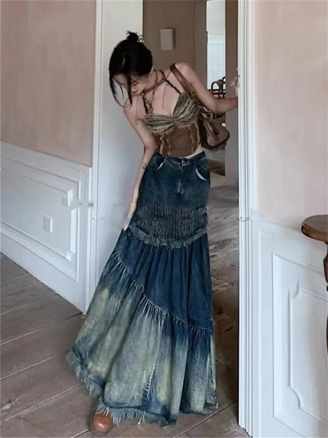 Retro Denim Skirt Women's Patchwork Irregular Fishtail Skirt Korean High Waist Retro Denim Skirt
