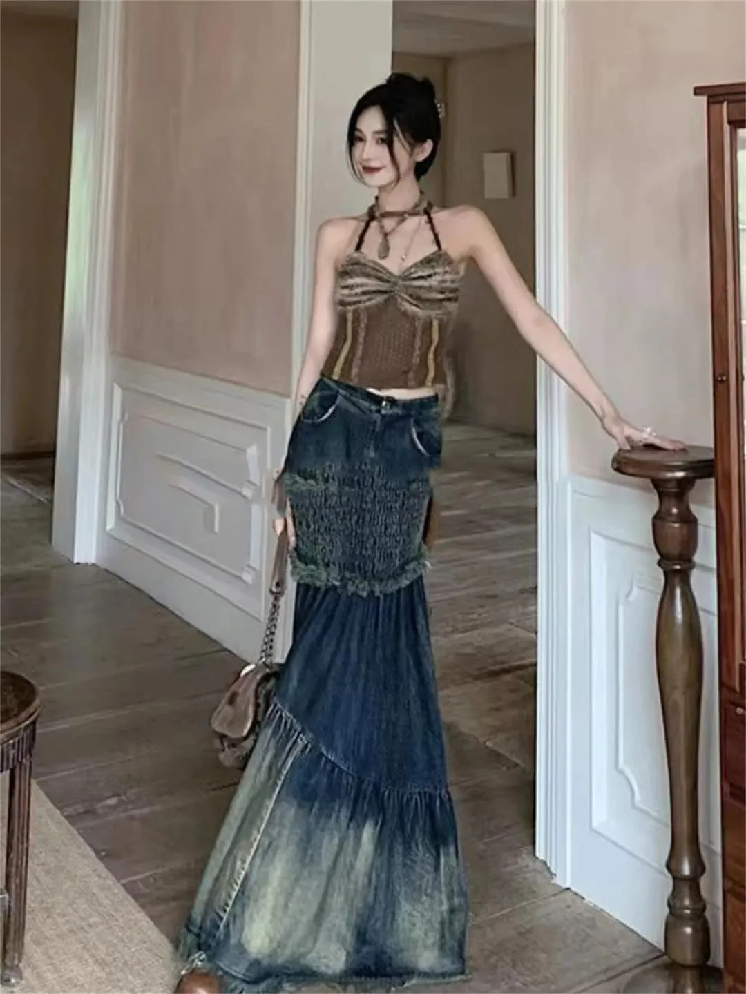 Retro Denim Skirt Women's Patchwork Irregular Fishtail Skirt Korean High Waist Retro Denim Skirt