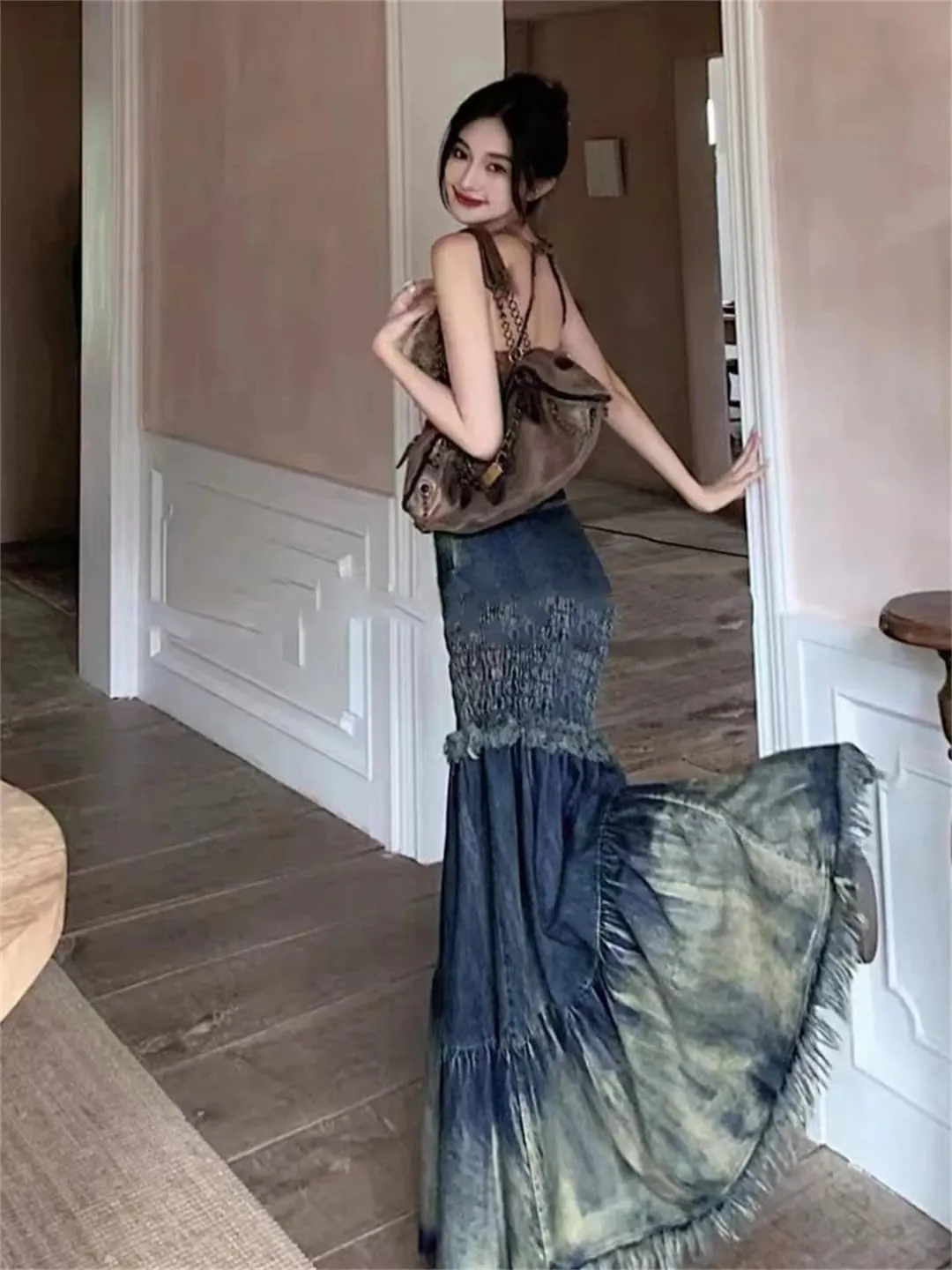 Retro Denim Skirt Women's Patchwork Irregular Fishtail Skirt Korean High Waist Retro Denim Skirt