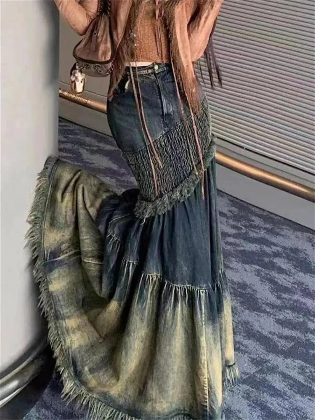 Retro Denim Skirt Women's Patchwork Irregular Fishtail Skirt Korean High Waist Retro Denim Skirt