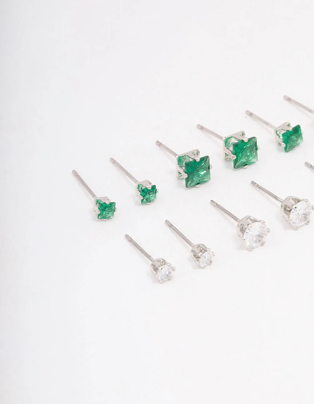 Rhodium Cubic Zirconia Round & Square Stud Earrings 12-Pack
