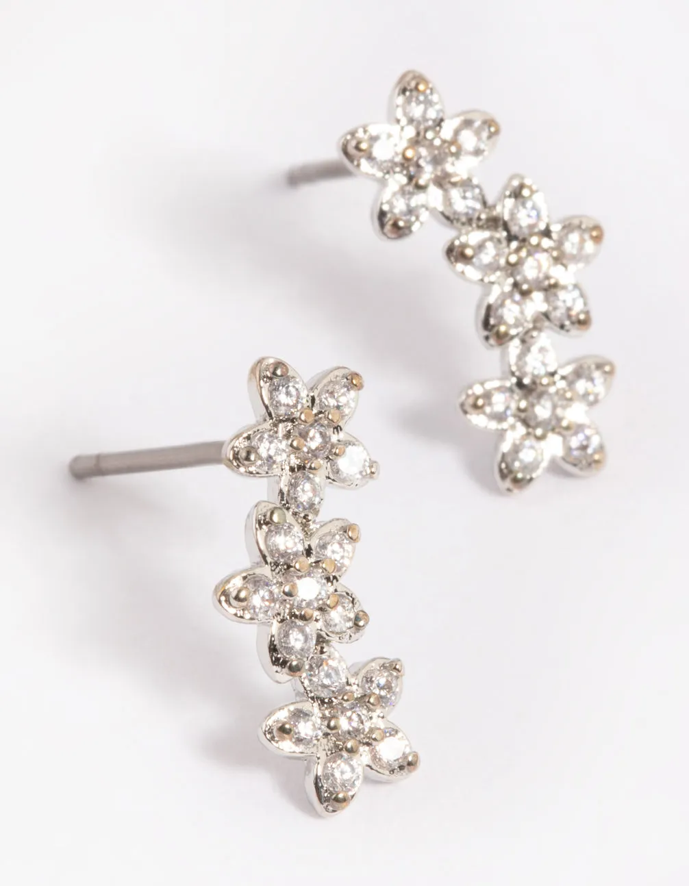 Rhodium Flower Cluster Crawler Stud Earrings