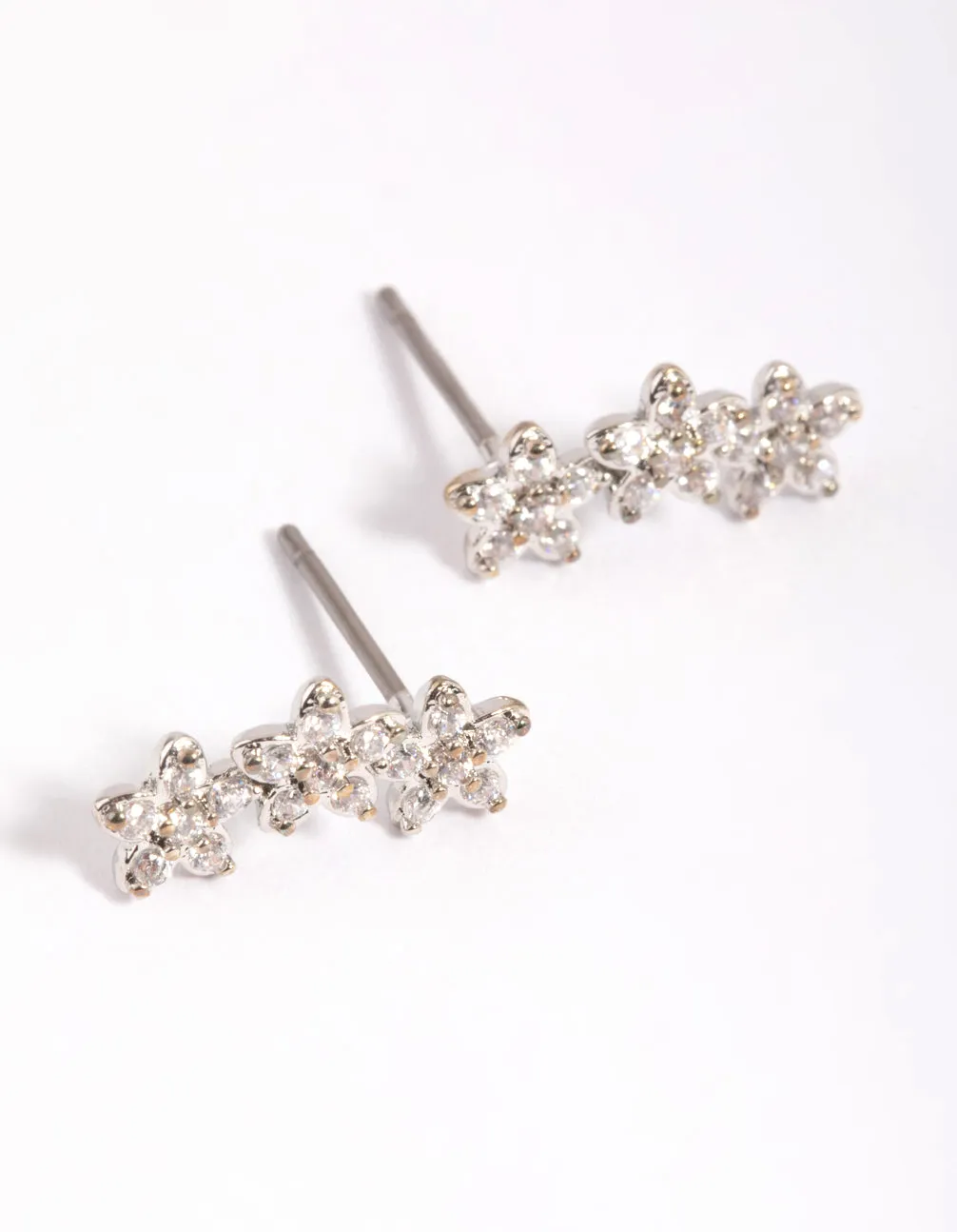 Rhodium Flower Cluster Crawler Stud Earrings